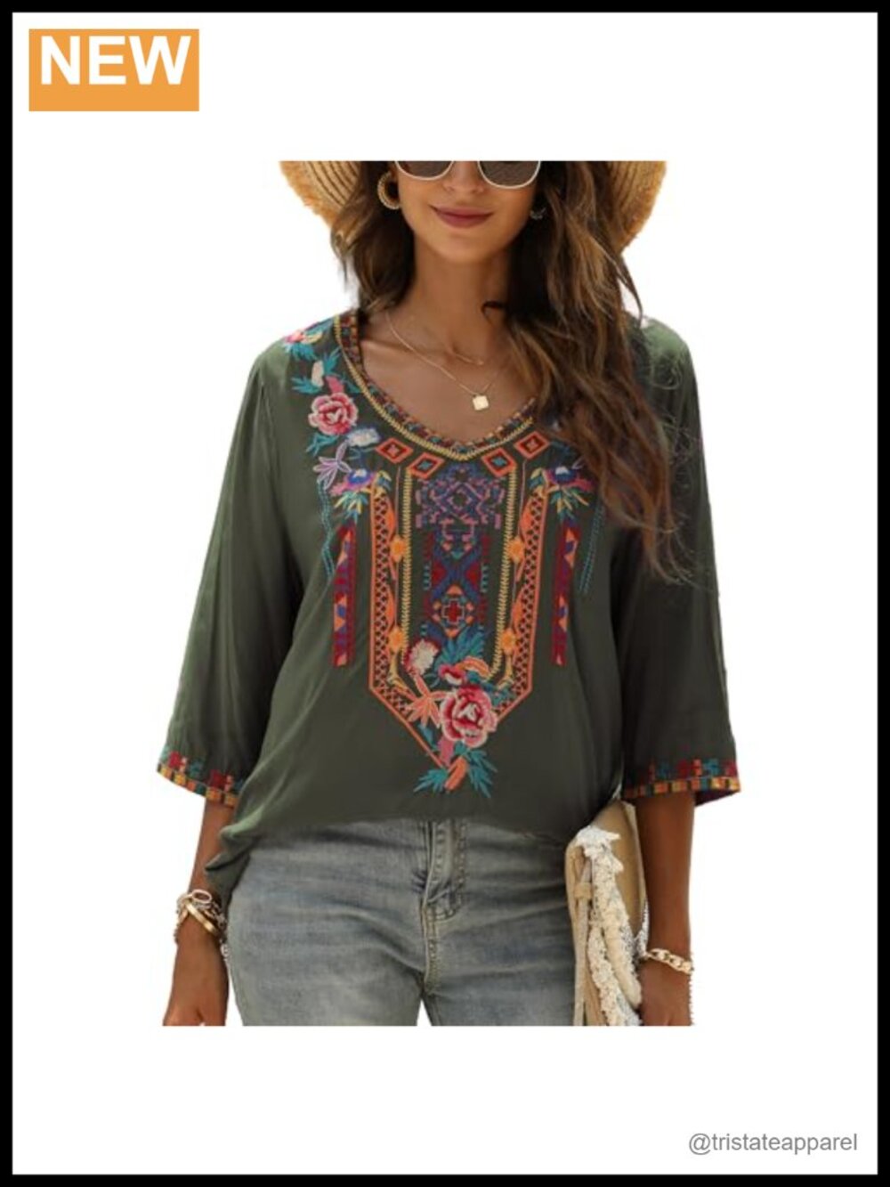 Mexican Peasant Blouse V-Neck 3/4 Sleeve Embroidered Boho Top Women
